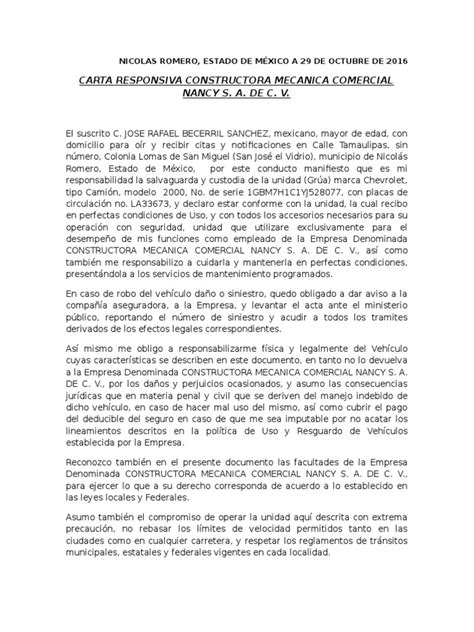 Carta Responsiva Resguardo De Maquinaria