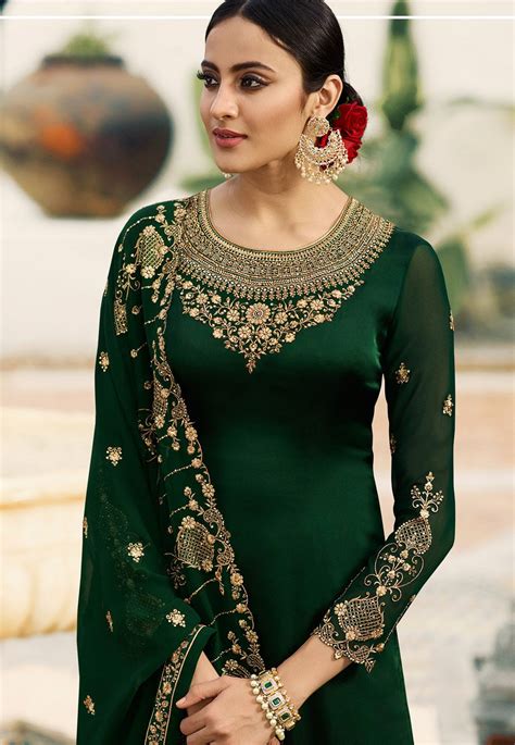 Dark Green Satin Georgette Embroidered Sharara Style Pakistani Suit 16206