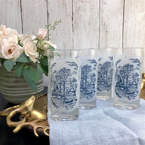 Set Of 4 Vintage Currier And Ives Blue Glasses By Royal Usa Etsy