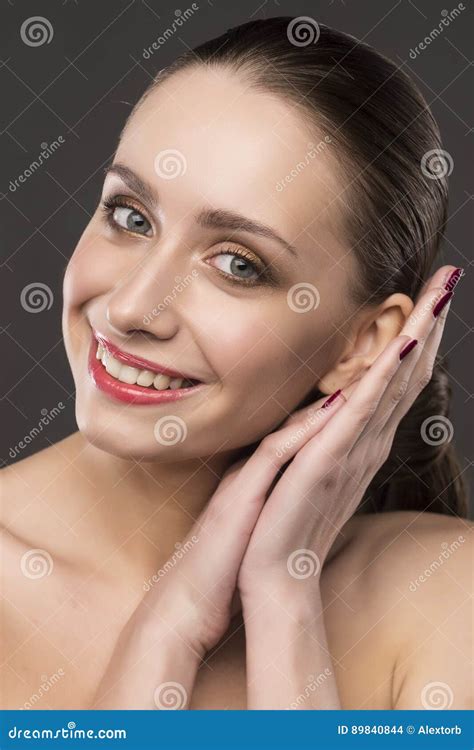 Beautiful Girl Naked Shoulders Smiles Gray Background Stock Photos Free Royalty Free Stock