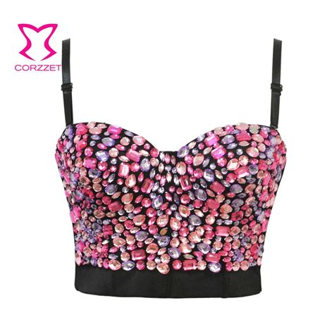 Pink Gem Beading Rhinestone Strap Bras Bustier Crop Top Gothic Sexy