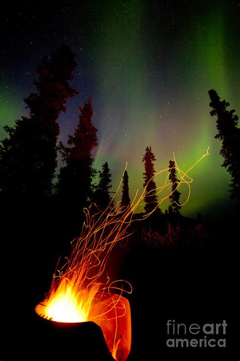 Taiga Firepit Camp Fire Sparks And Northern Lights Photograph By