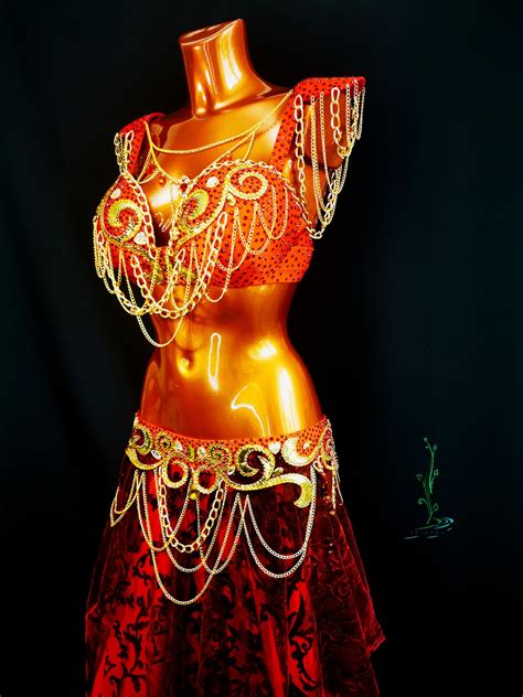 Belly Dance Costume With Gold Chain Red Professional Belly Dance Costume Dance Outfit For