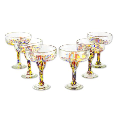 Set Of 6 Multicolor Hand Blown Glass Margarita Glasses Confetti