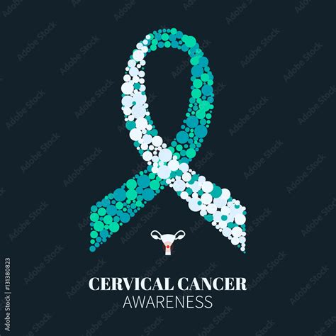 Cervical Cancer Awareness Poster With White And Teal Ribbon Made Of Dots On Dark Background