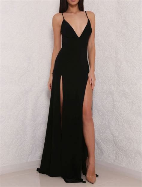 Sexy High Slit Prom Dress Black Prom Dress Open Back Prom Dresses