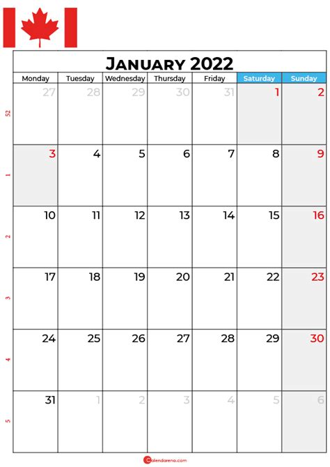 January 2022 Calendar Canada With Holidays