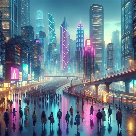 Vibrant Cyberpunk Cityscape At Dusk Neon Lights And Urban Bustle Ai