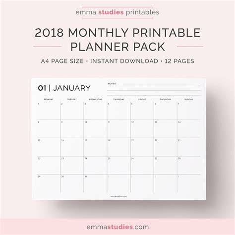 2018 Monthly Calendar Planner Printable Pack Landscape Etsy