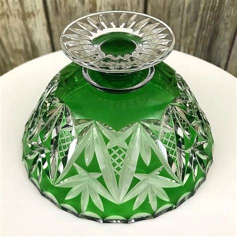 antique vintage emerald green crystal cut to clear pedestal bowl other bohemian czech art glass