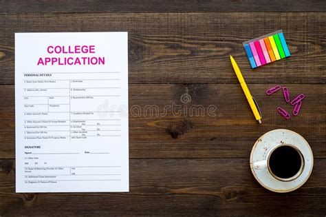 Apply College Empty College Application Form Near Coffee Cup And Stationery On Blue Background