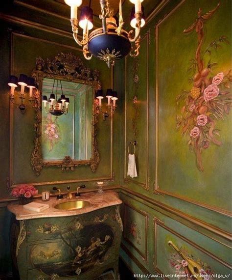 Bathroom With Green Painted Walls With Roses And A Louis Xv Sink Vanity