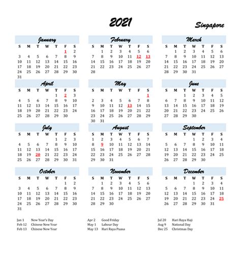 Printable Singapore 2021 Calendar With Holidays Pdf Calendar Dream