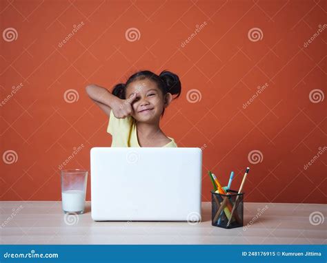 Little Girl Studying With Laptop Stock Image Image Of Computer