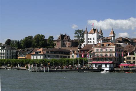 Shoreline Buildings With Castle In Nyon Switzerland Image Free Stock