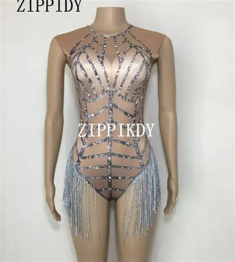 Sparkly Rhinestones Silver Tassel Bodysuit Sleeveless Big Stretch Womens Party Prom Bar Outfit