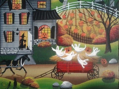Original Primitive Folk Art Painting Halloween Witch Fall Scary Bats