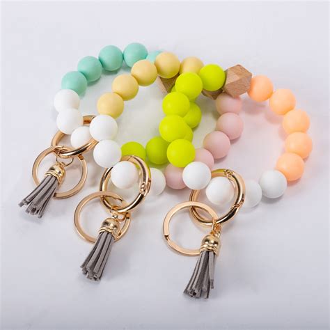 silicone wood beaded bracelet keyring wrist keychain women etsy