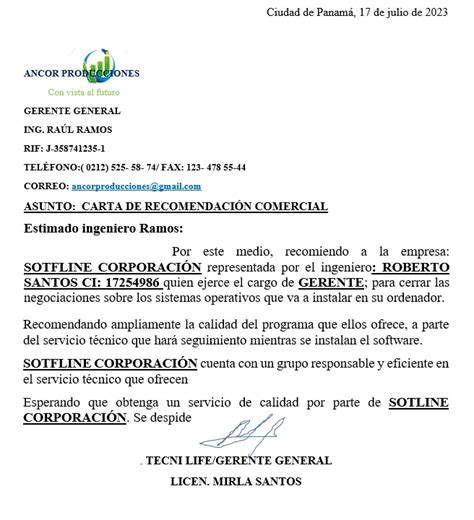 Carta De RecomendaciÓn Comercial Ejemplo Modelo Etc