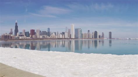 Chicago Illinois Skyline Seen From Lake Michigan On Cold Winter Day