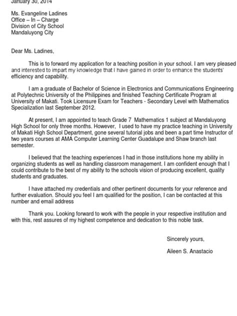 teacher application letter