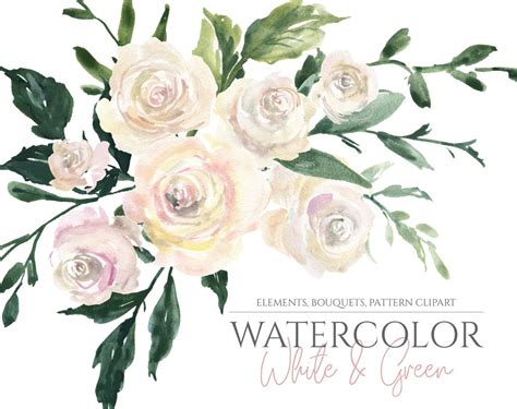 Watercolor Flowers Clipart White Roses Floral Clip Art Wedding Etsy