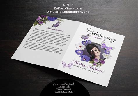 Diy Printable Memorial Program Simple Purple Violet Etsy Funeral