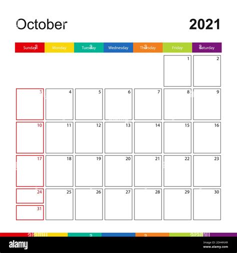 Octubre 2021 Colorido Calendario De La Pared La Semana Comienza El Domingo 2021 Plantilla De