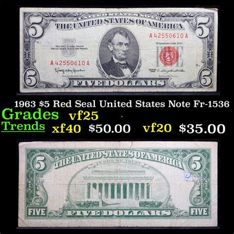 1963 5 Red Seal United States Note Fr 1536 Grades Vf