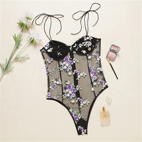 Aduloty Floral Lace Teddy Bodysuit Women Sexy Lingerie Stretchy Ladies