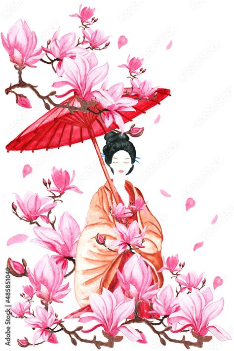 Watercolor Illustration Of A Girl In Sakura Flowers With A Japanese