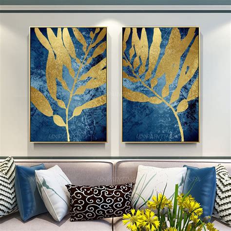 Blue Gold Leaf Set Of 2 Pieces Abstract Painting On Canvas Etsy