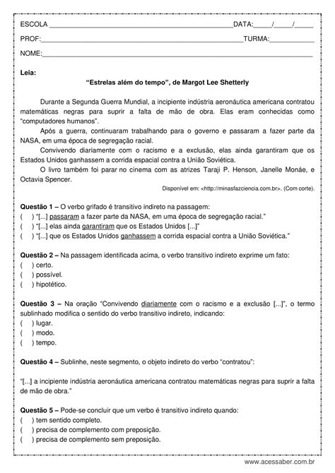 Atividade De Português Verbo Transitivo Indireto 8º Ano