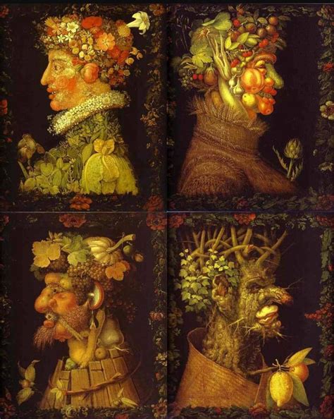 Four Paintings Of Women With Flowers In Their Hair And Fruit On Their
