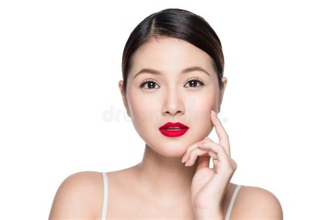 beautiful asian woman with retro makeup with red lips o stock image image of hair surprised