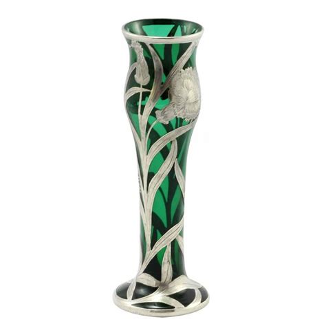 Art Nouveau Green Glass Vase With Sterling Silver Overlay By Alvin At 1stdibs