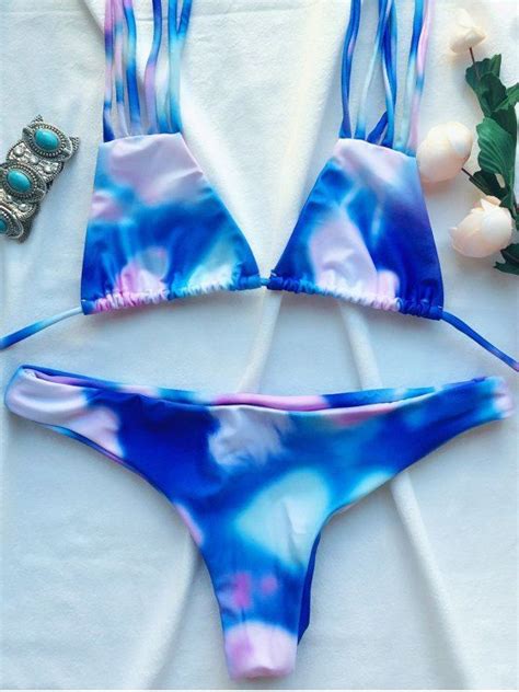18 Off 2021 Tie Dye Multi Straps Halter Bikini Set In Blue Zaful