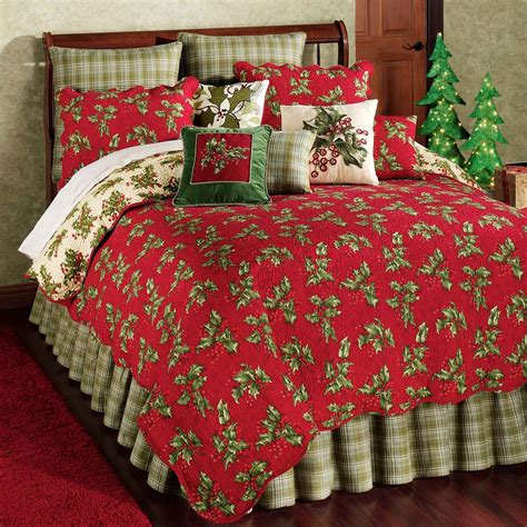 Holly Red Holiday Quilt Bedding Christmas Bedding Holiday Bed
