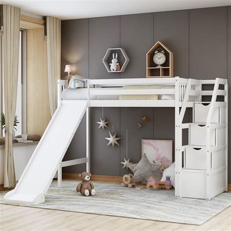 A loft bed with a slide is the perfect way to make a bedroom a fun and personal space for your child. ModernLuxe Twin-size Wood Loft Bed with Slide and Storage ...
