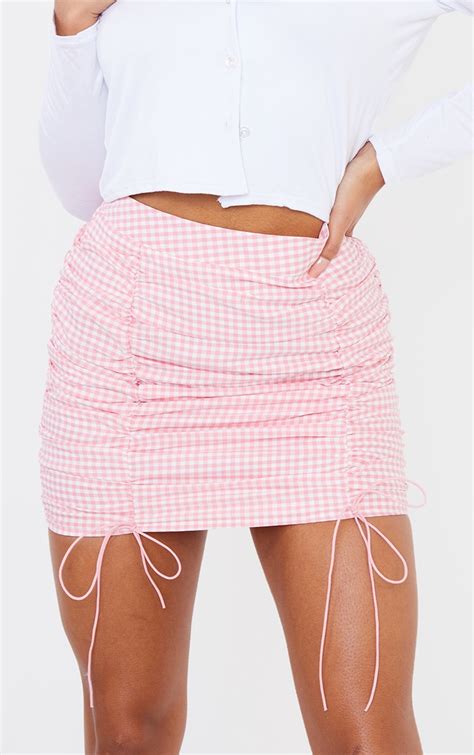 Pink Gingham Ruched Mini Skirt Skirts Prettylittlething