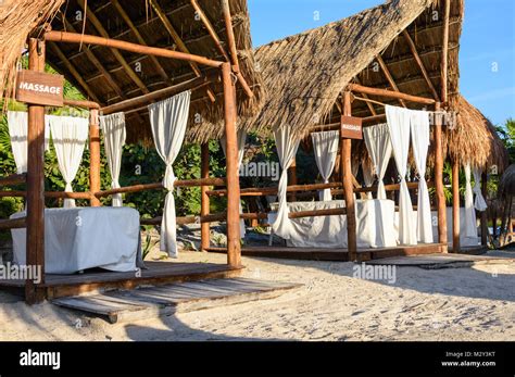Massage Canopies On The Beach Riviera Maya Cancun Mexico Stock Photo
