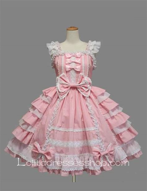 Cheap Lolita Pink Cotton White Lace Square Neck Cap Sleeve Knee Length