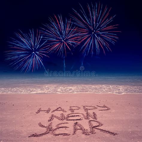 New Year Beach Background With Fireworks Stock Photo Image Of