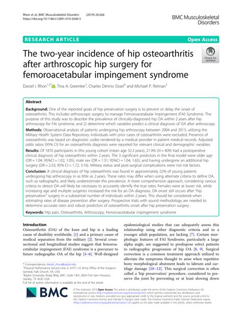 Pdf The Two Year Incidence Of Hip Osteoarthritis After Arthroscopic