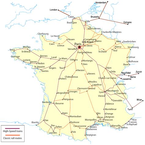 A extensão territorial da frança é totalizada em 543.965 km². Mapa Linhas de Comboio TGV na Franca