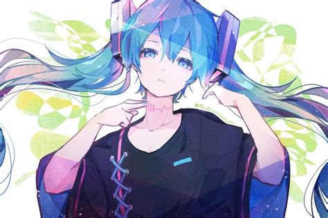 Vocaloid Anime Girls Long Hair Twintails Headphones Hatsune Miku Small Boobs Aqua Hair