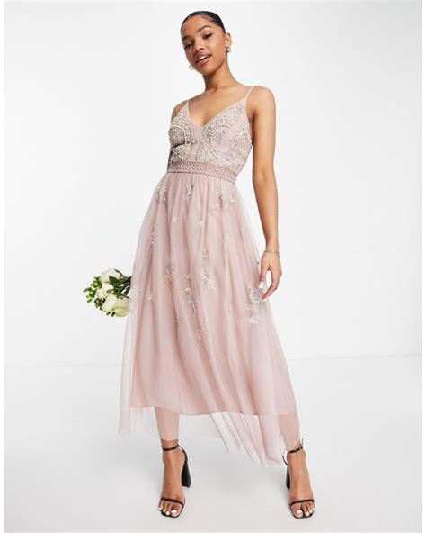 Asos Bridesmaid Pearl Embellished Cami Midi Dress With Floral Embroidery In Rose Pink Lyst