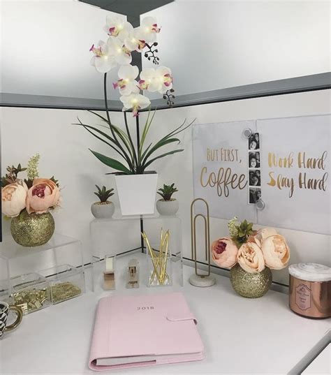 If your everyday job involves being surrounded by cubicle walls, then we're talking to you. Cubicle desk decor - gold, pink, clear! | Work cubicle ...