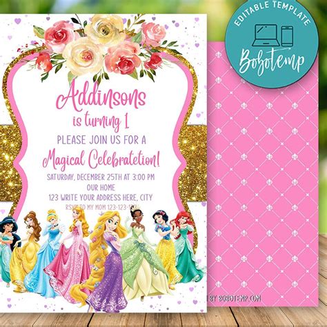 Editable Disney Princess Birthday Invitation Instant Download Bobotemp