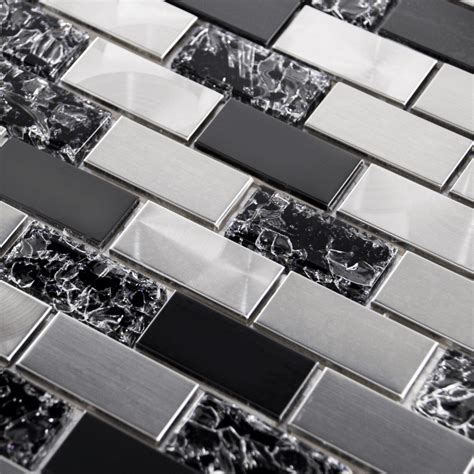 Luxury Textured Black Glass And Brushed Steel Mix Mosaic Wall Tiles Sheet 8mm Tiles From Taps Uk